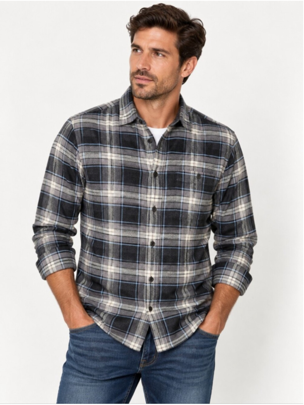 Faherty Movement Flannel Men's Medium Gray Blue Plaid Supima Stretch Shirt